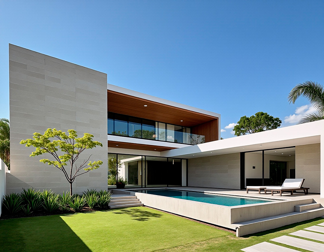 Diseño de alberca moderna con iluminación